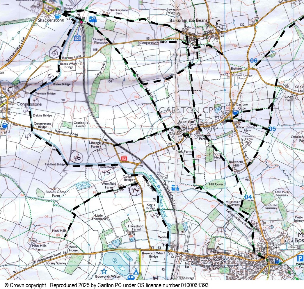 Map of stile-free walking routes centered on Carlton